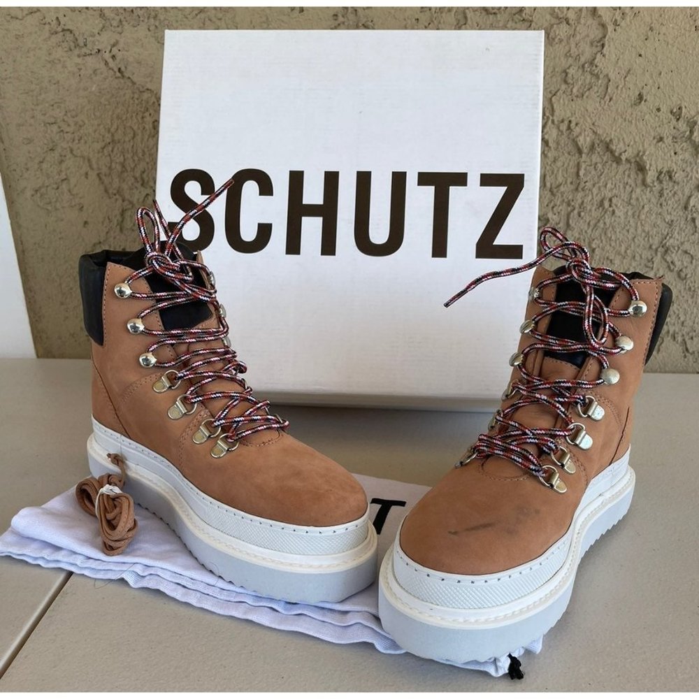 Nib Schutz Marlua Platform Lace Up Honey Beige Bo… - image 1